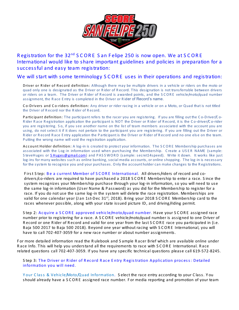 Registration for the 32Nd SCORE San Felipe 250 Is Now Open. We at SCORE International Would Like to Share Important Guidelines A