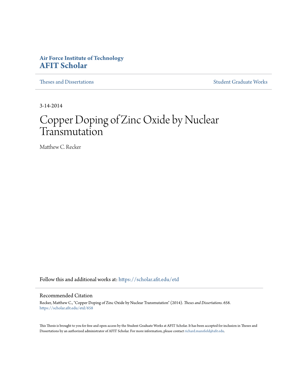 Copper Doping of Zinc Oxide by Nuclear Transmutation Matthew .C Recker