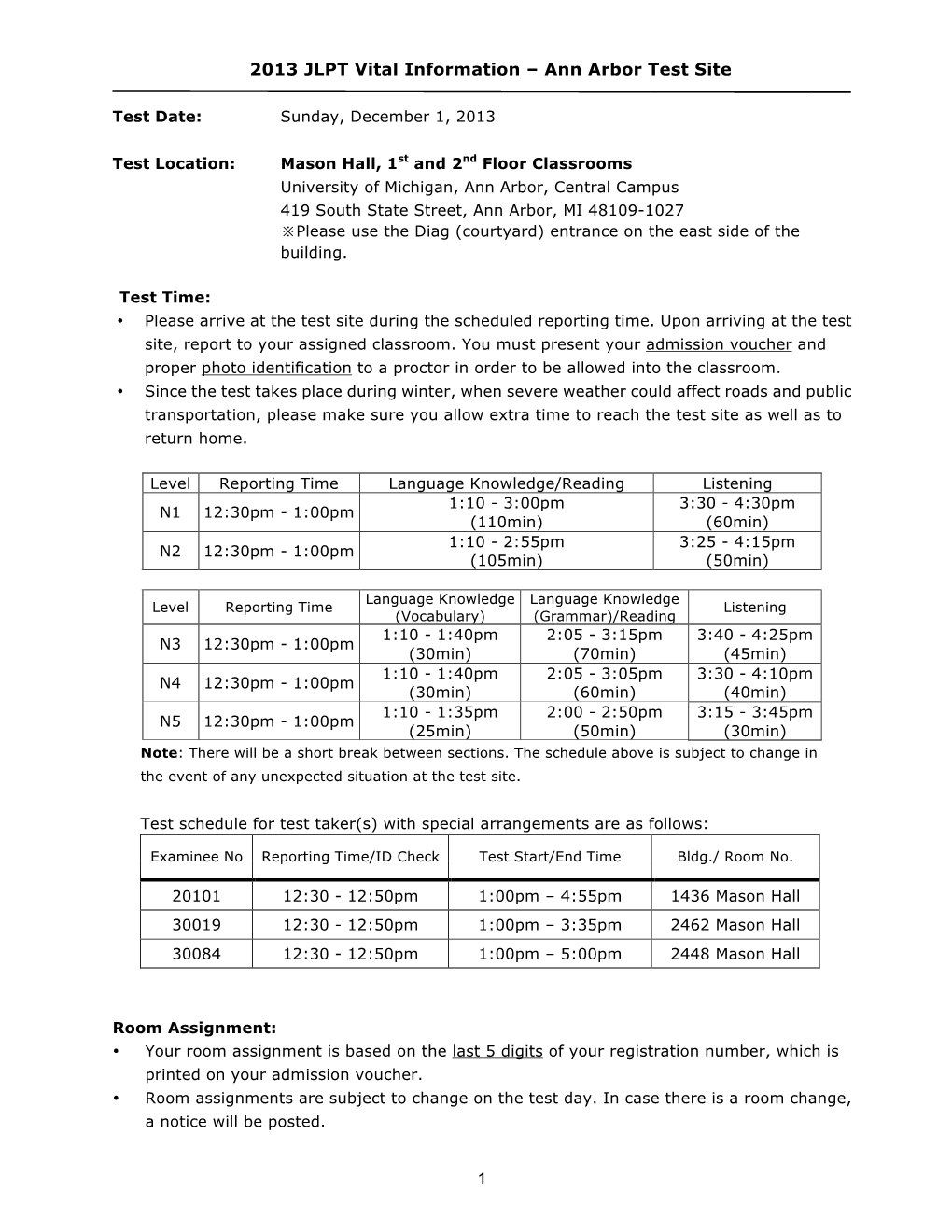 1 2013 JLPT Vital Information – Ann Arbor Test Site