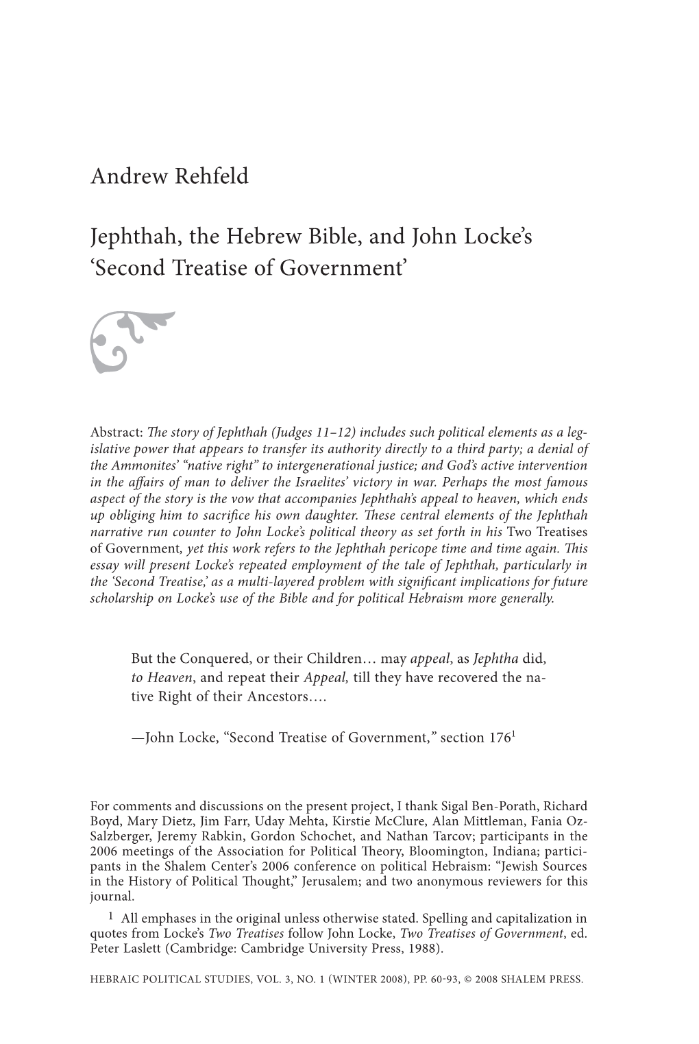 Andrew Rehfeld Jephthah, the Hebrew Bible, and John Locke's