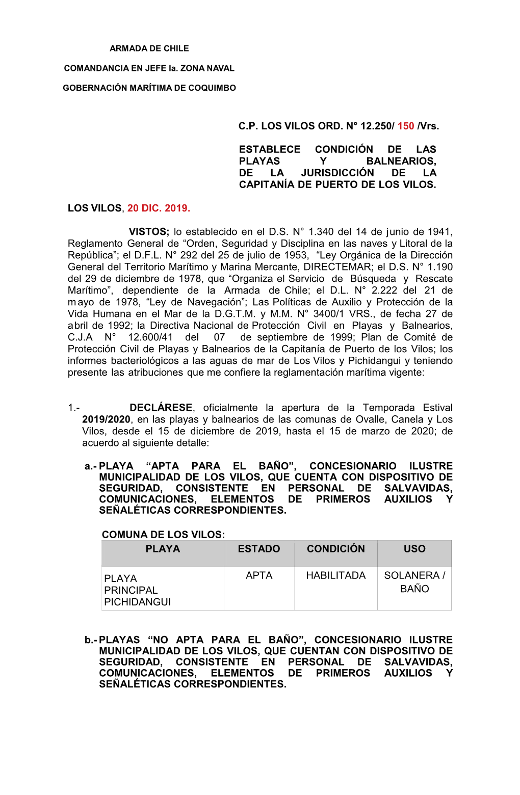 C.P. LOS VILOS ORD. N° 12.250/ 150 /Vrs. ESTABLECE CONDICIÓN DE