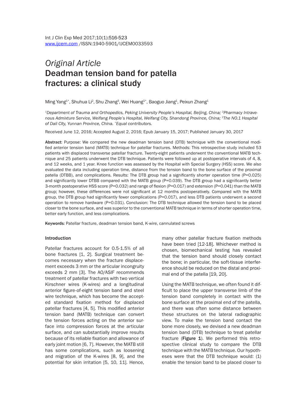 Original Article Deadman Tension Band for Patella Fractures: a Clinical Study