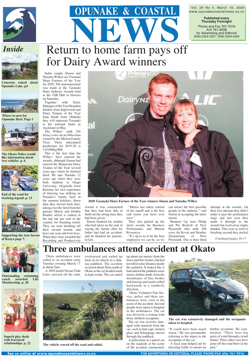 Return to Home Farm Pays Off for Dairy Award Winners Inaha Couple Simon and Natasha Wilkes Are Taranaki Share Farmers of the Year Concerns Raised About for 2020