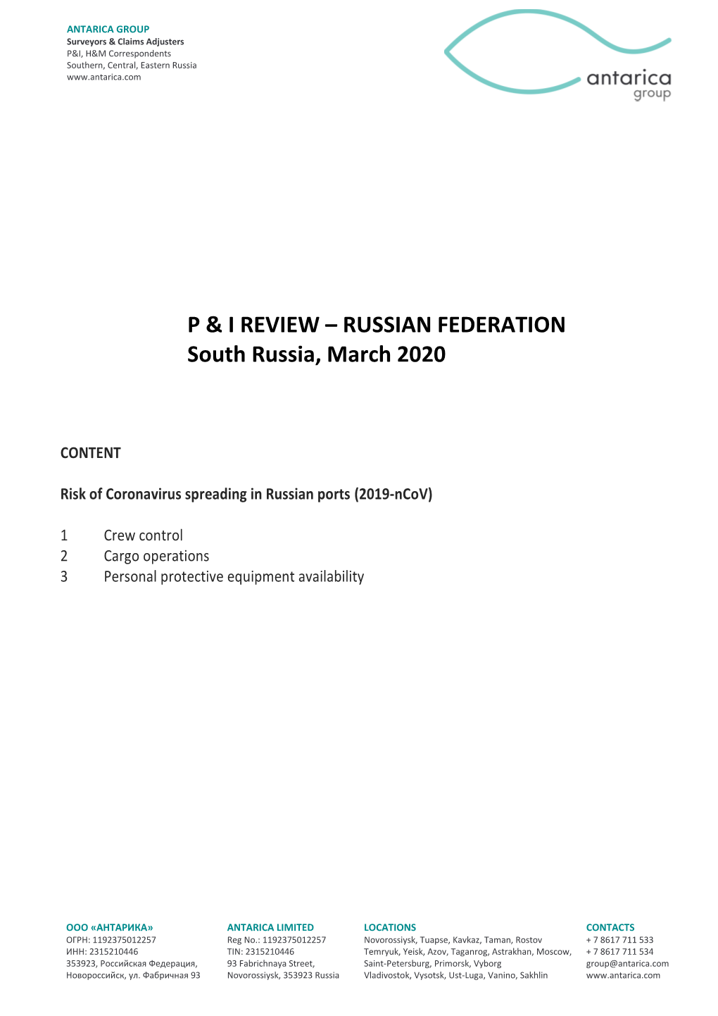 South Russia, March 2020 P & I REVIEW – RUSSIAN FEDERATION