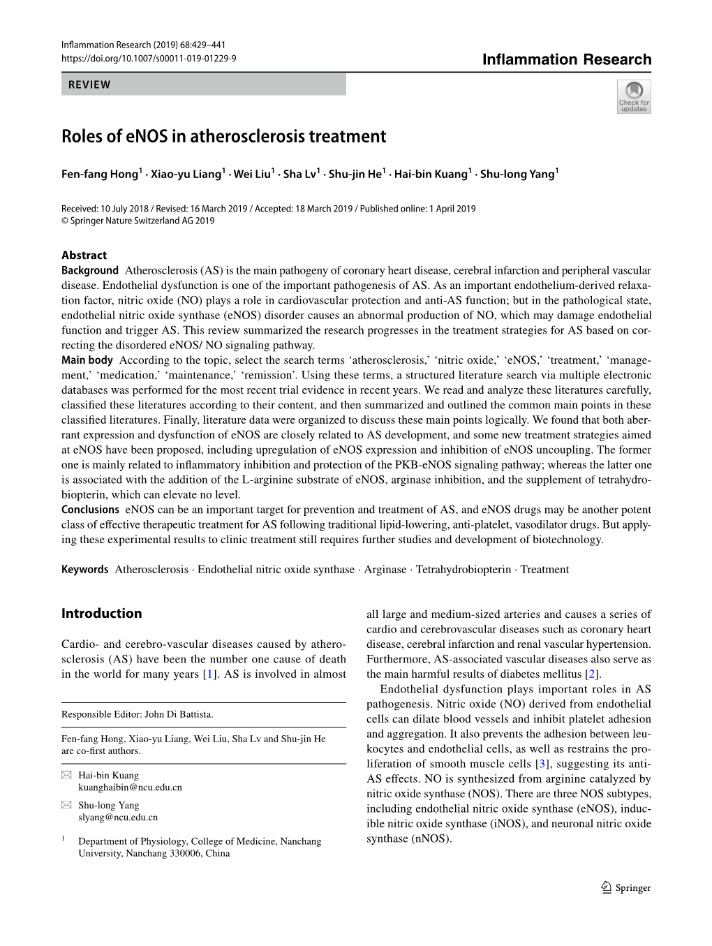 Roles of Enos in Atherosclerosis Treatment