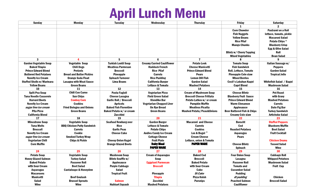 April Lunch Menu