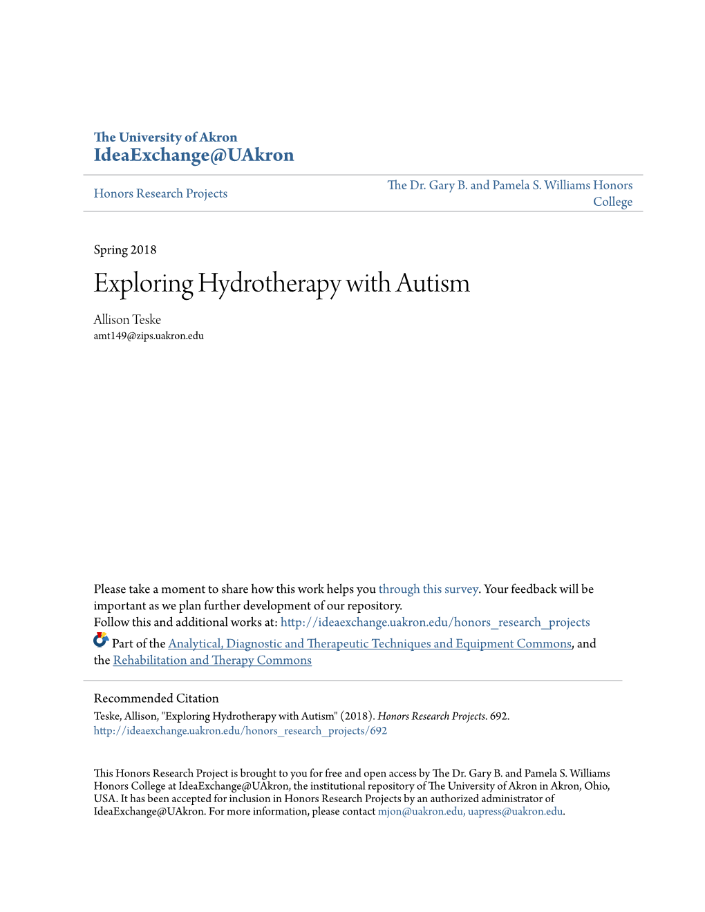 Exploring Hydrotherapy with Autism Allison Teske Amt149@Zips.Uakron.Edu