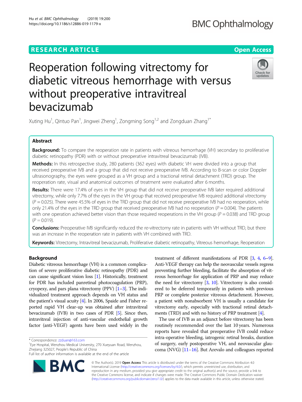 Reoperation Following Vitrectomy for Diabetic Vitreous Hemorrhage With