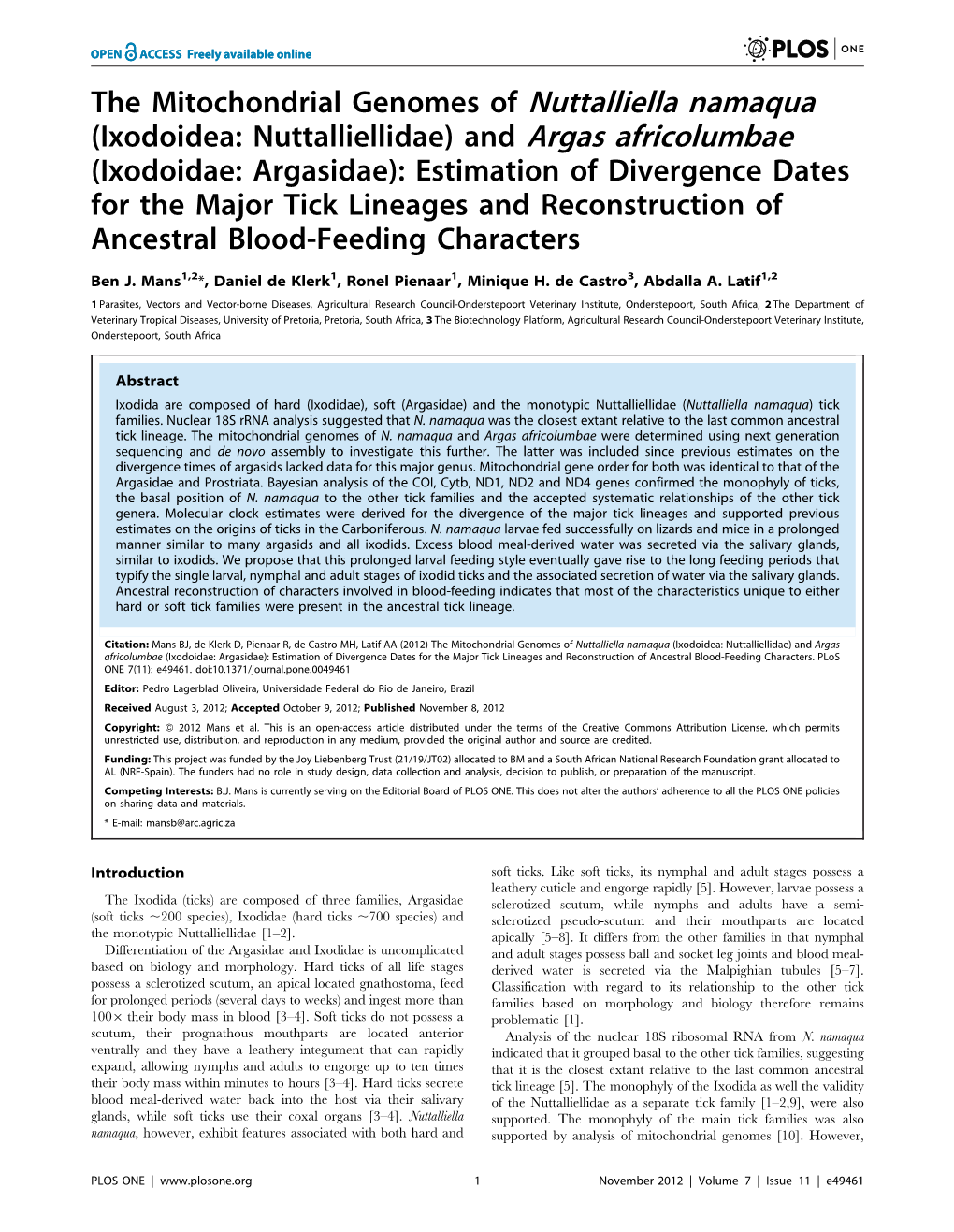 The Mitochondrial Genomes of Nuttalliella