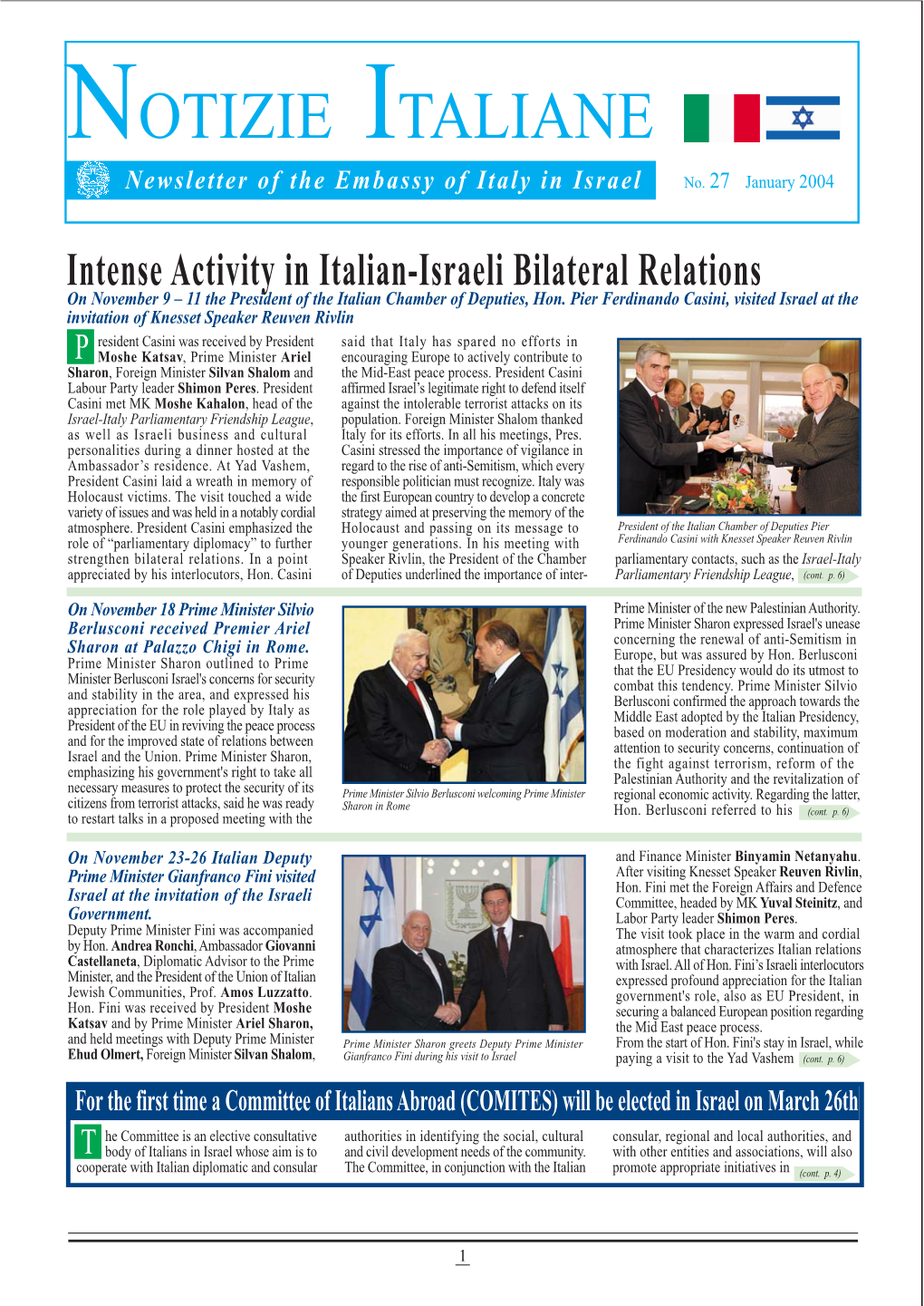 NOTIZIE ITALIANE Newsletter of the Embassy of Italy in Israel No