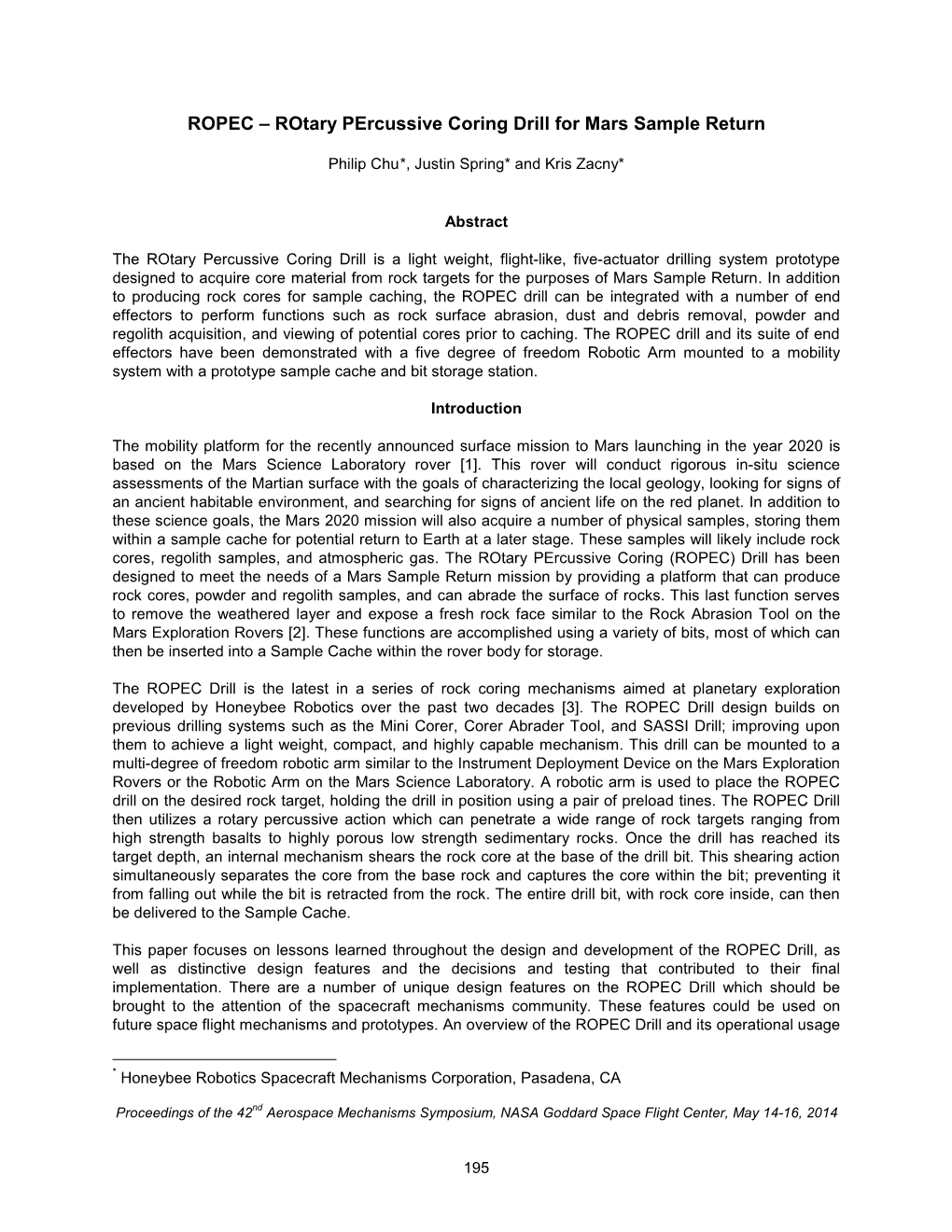 ROPEC – Rotary Percussive Coring Drill for Mars Sample Return