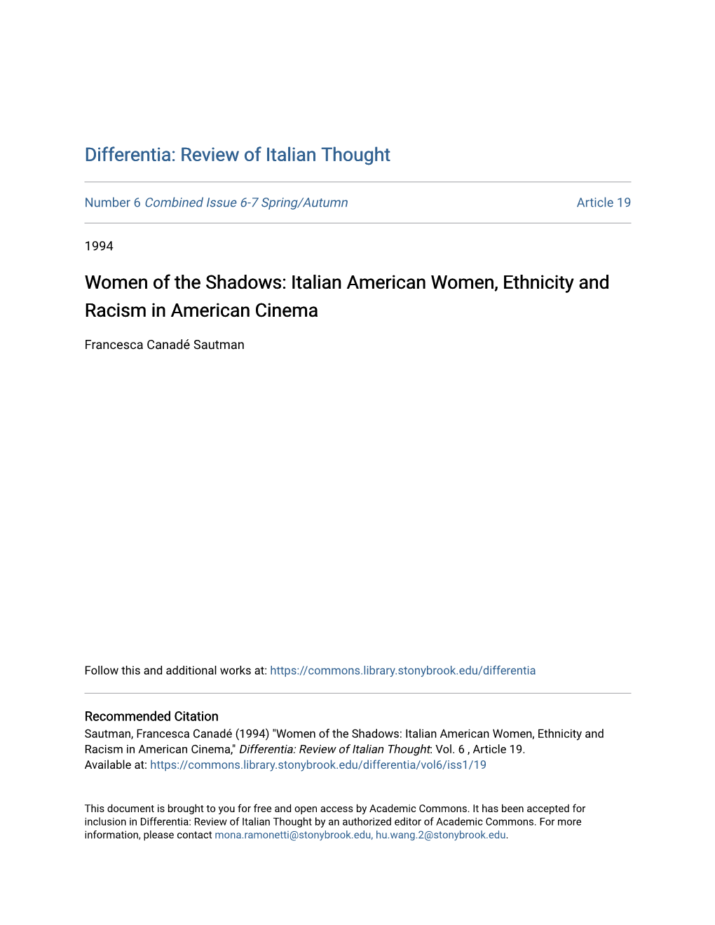 Italian American Women, Ethnicity and Racism in American Cinema