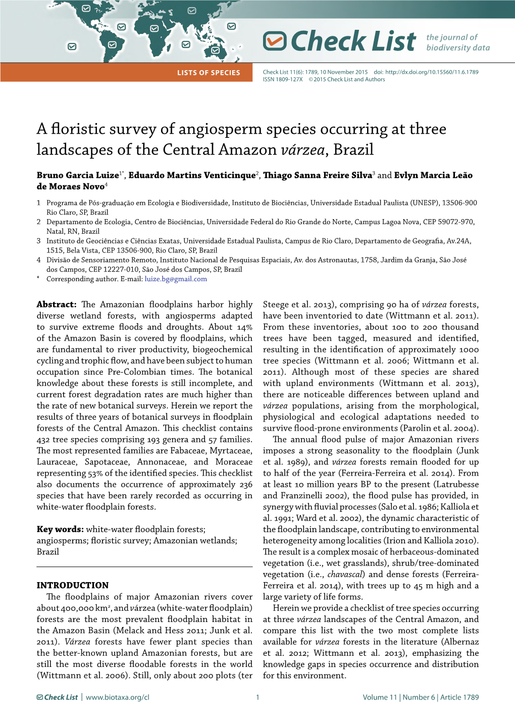 Check List Lists of Species Check List 11(6): 1789, 10 November 2015 Doi: ISSN 1809-127X © 2015 Check List and Authors