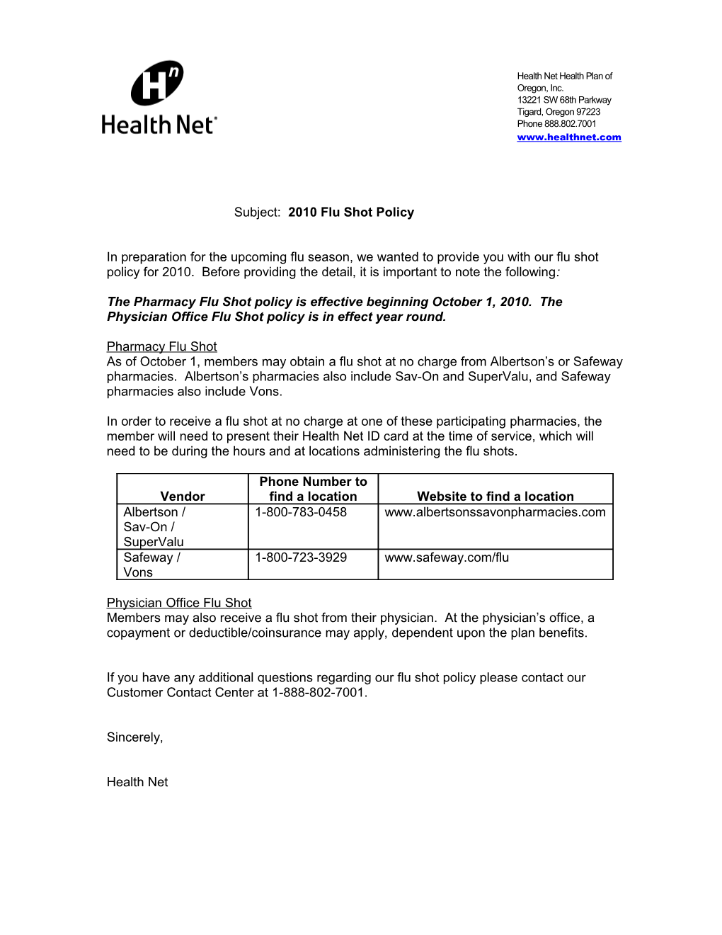 Health Net Health Plan of Oregon, Inc