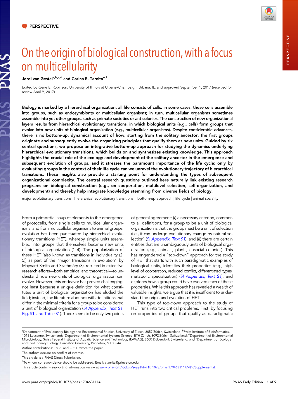 On the Origin of Biological Construction, with a Focus on Multicellularity PERSPECTIVE Jordi Van Gestela,B,C,D and Corina E