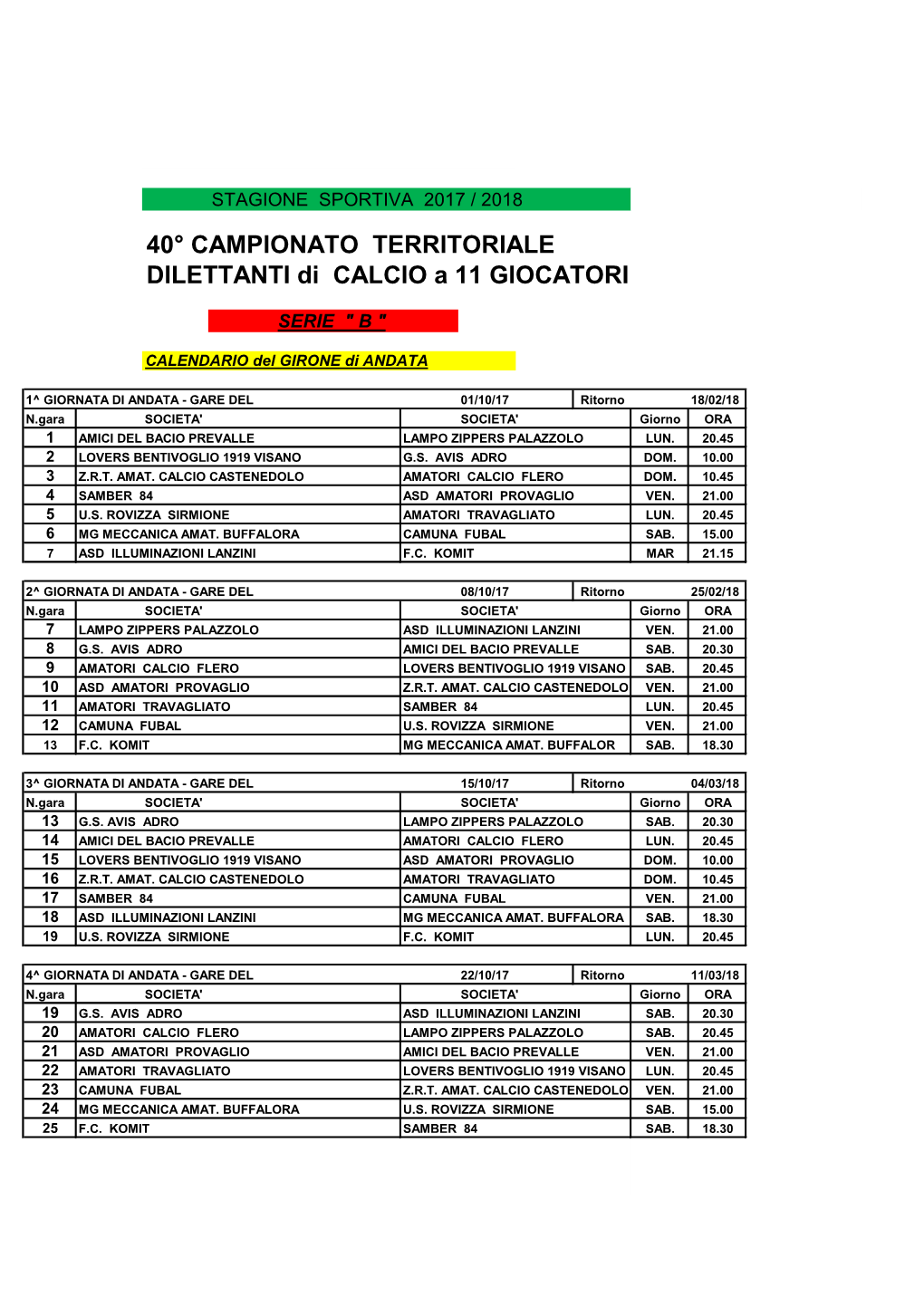 40° CAMPIONATO TERRITORIALE DILETTANTI Di CALCIO a 11 GIOCATORI