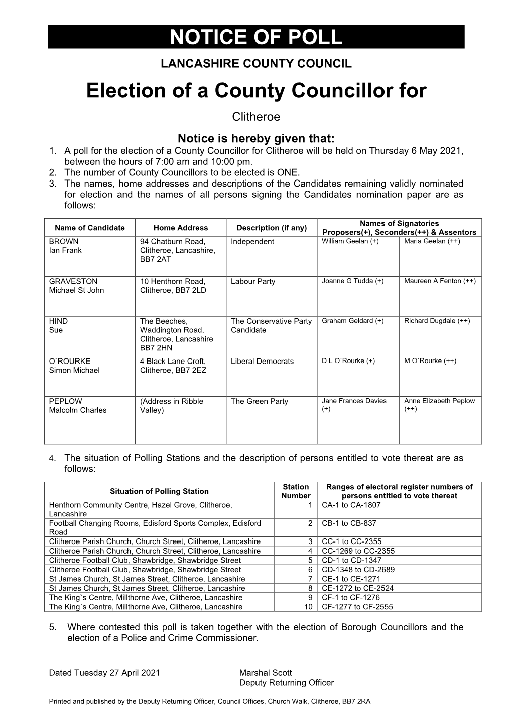 NOTICE of POLL Election of a County Councillor