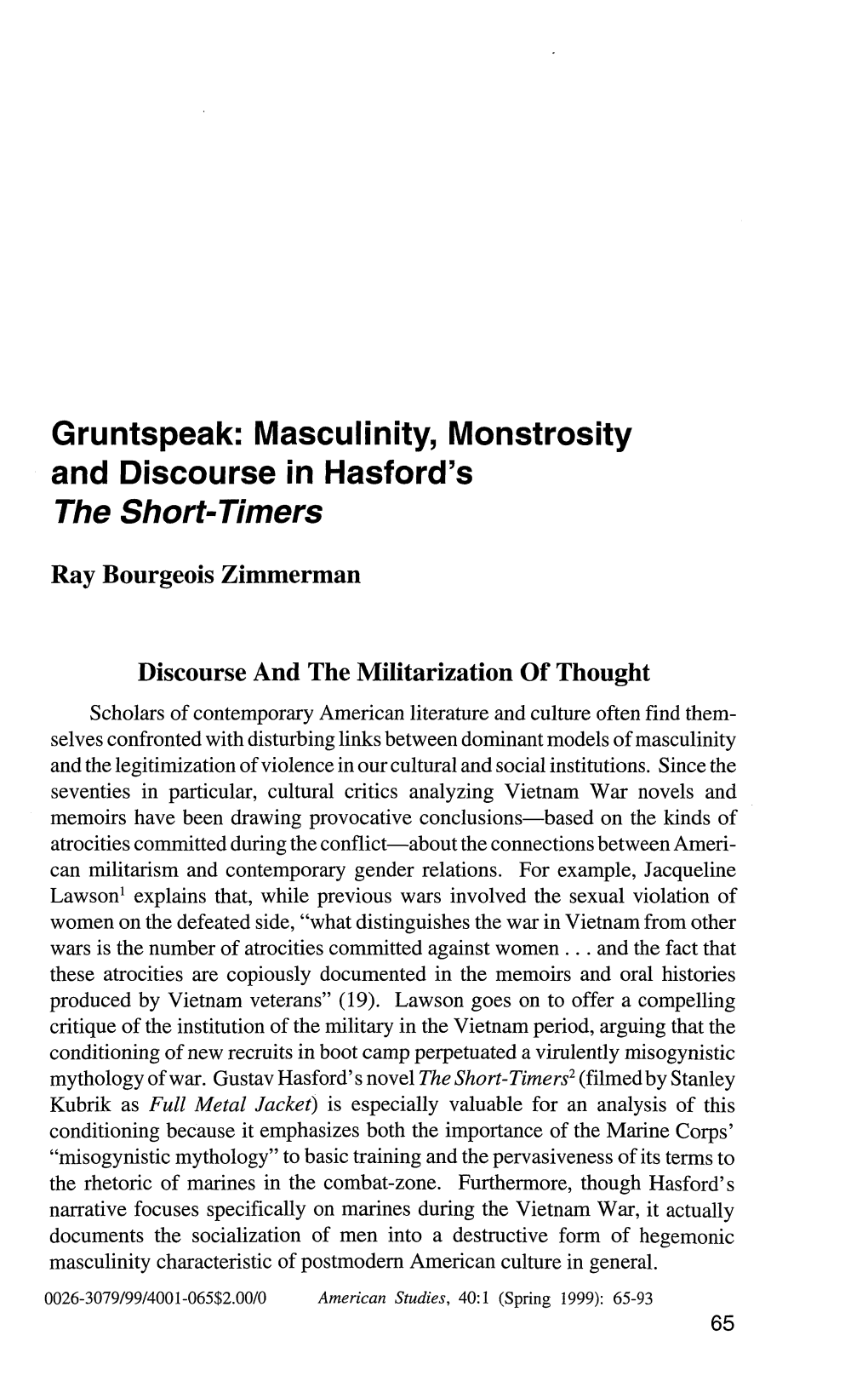 Masculinity, Monstrosity and Discourse in Hasford's the Short-Timers