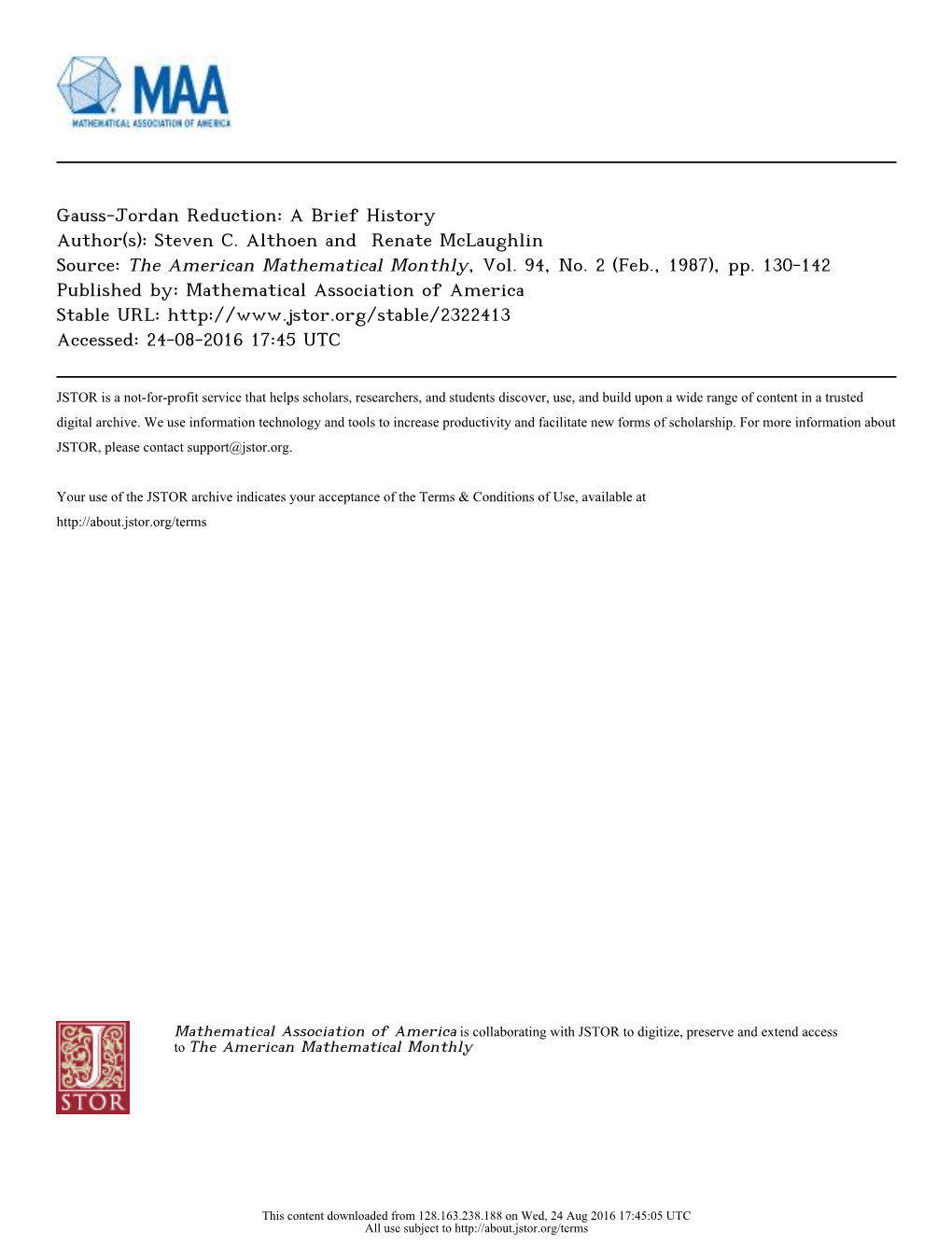 Gauss-Jordan Reduction: a Brief History Author(S): Steven C