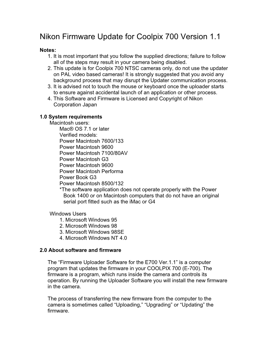 Nikon Firmware Update for Coolpix 700 Version 1.1