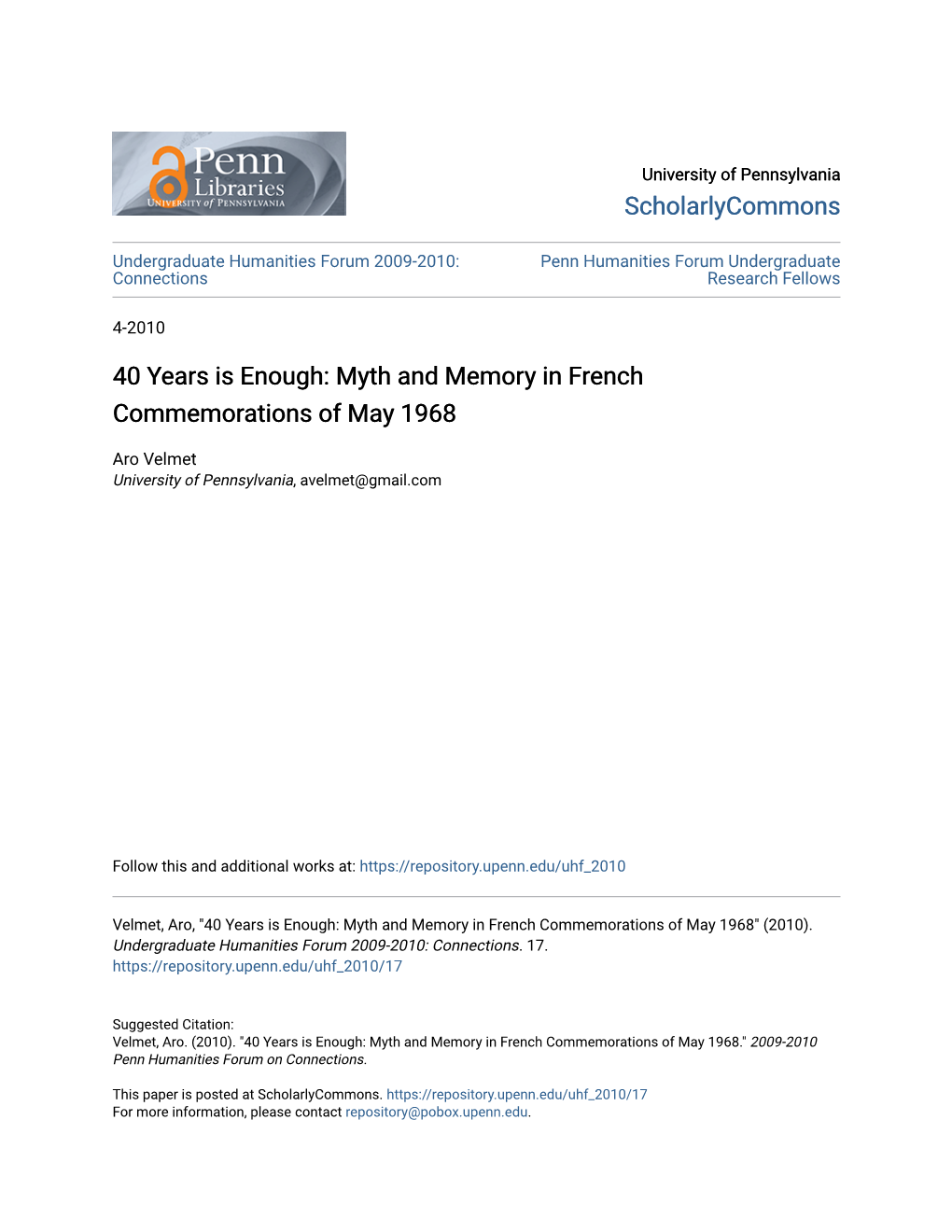 Myth and Memory in French Commemorations of May 1968