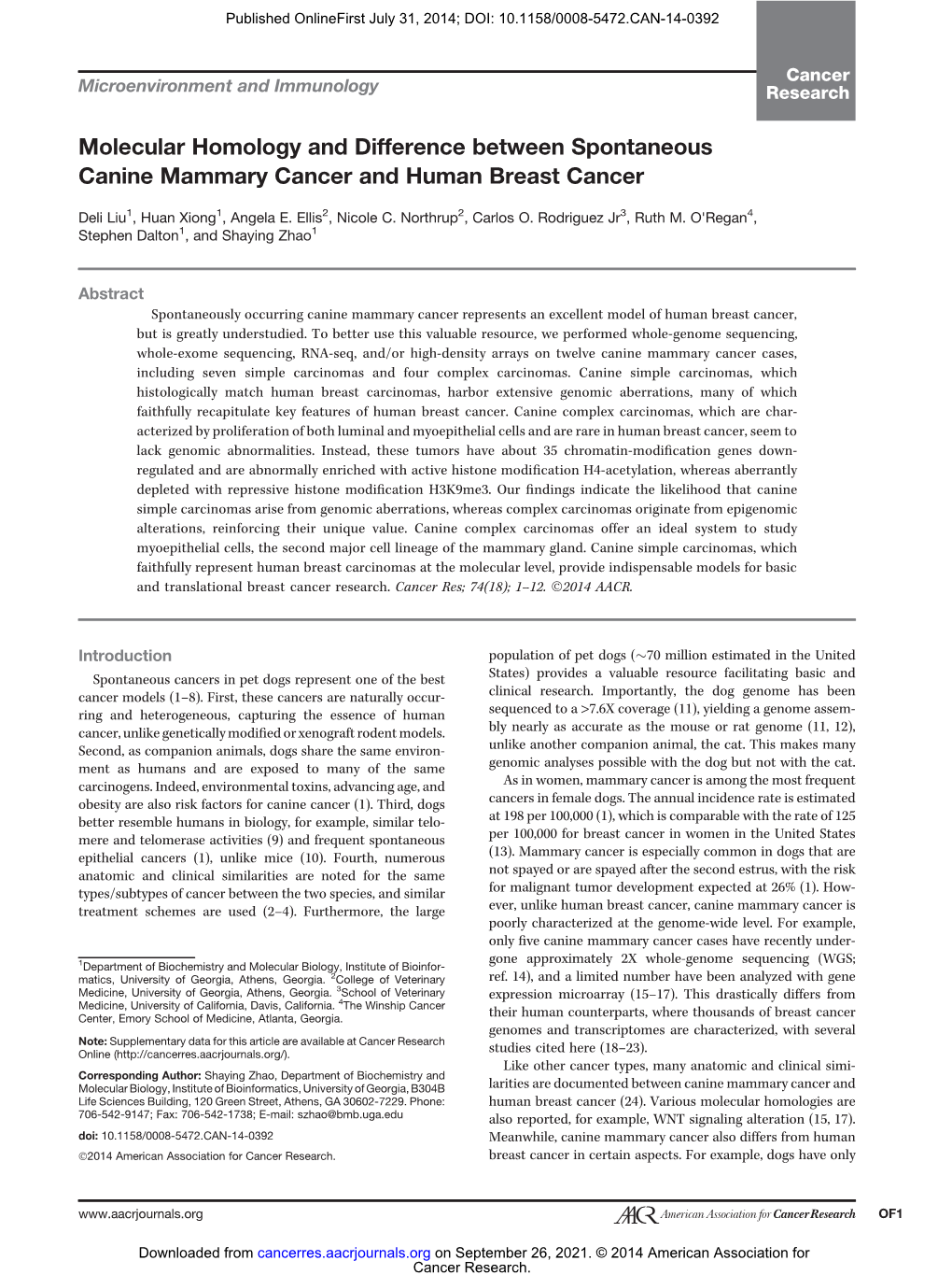 Molecular Homology and Difference Between Spontaneous Canine Mammary Cancer and Human Breast Cancer