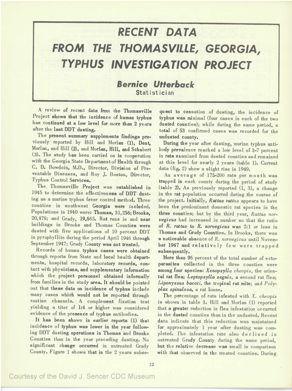 Recent Data from the Thomasville, Georgia, Typhus Investigation Project