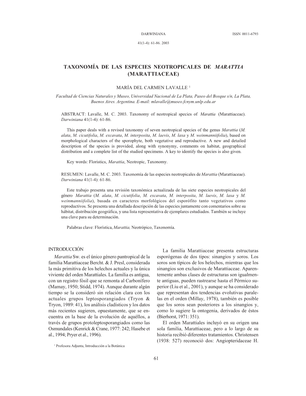 Taxonomía De Las Especies Neotropicales De Marattia (Marattiaceae)