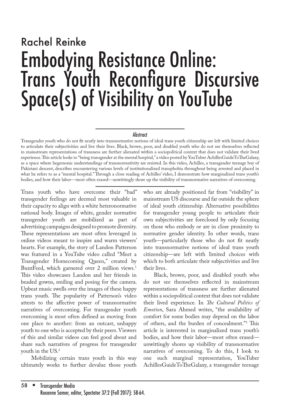 Embodying Resistance Online: Trans Youth Reconfigure Discursive Space(S) of Visibility on Youtube