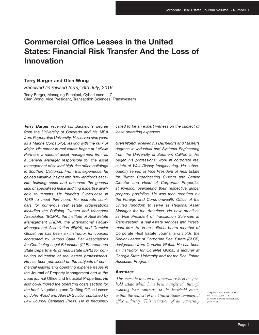 Commercial Office Leases in the United States: Financial Risk Transfer and the Loss of Innovation