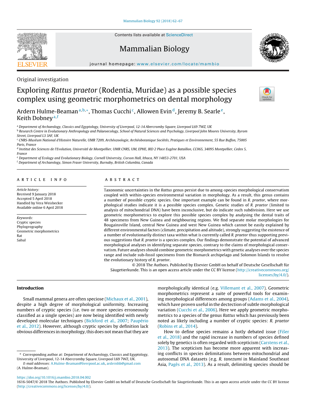 Exploring Rattus Praetor (Rodentia, Muridae) As a Possible Species