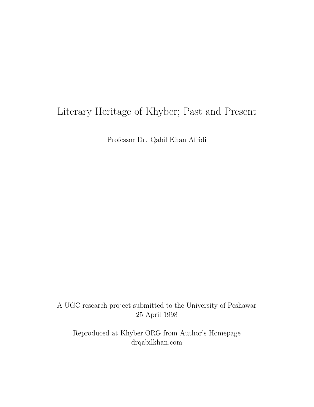 Literary Heritage of Khyber; Past and Present