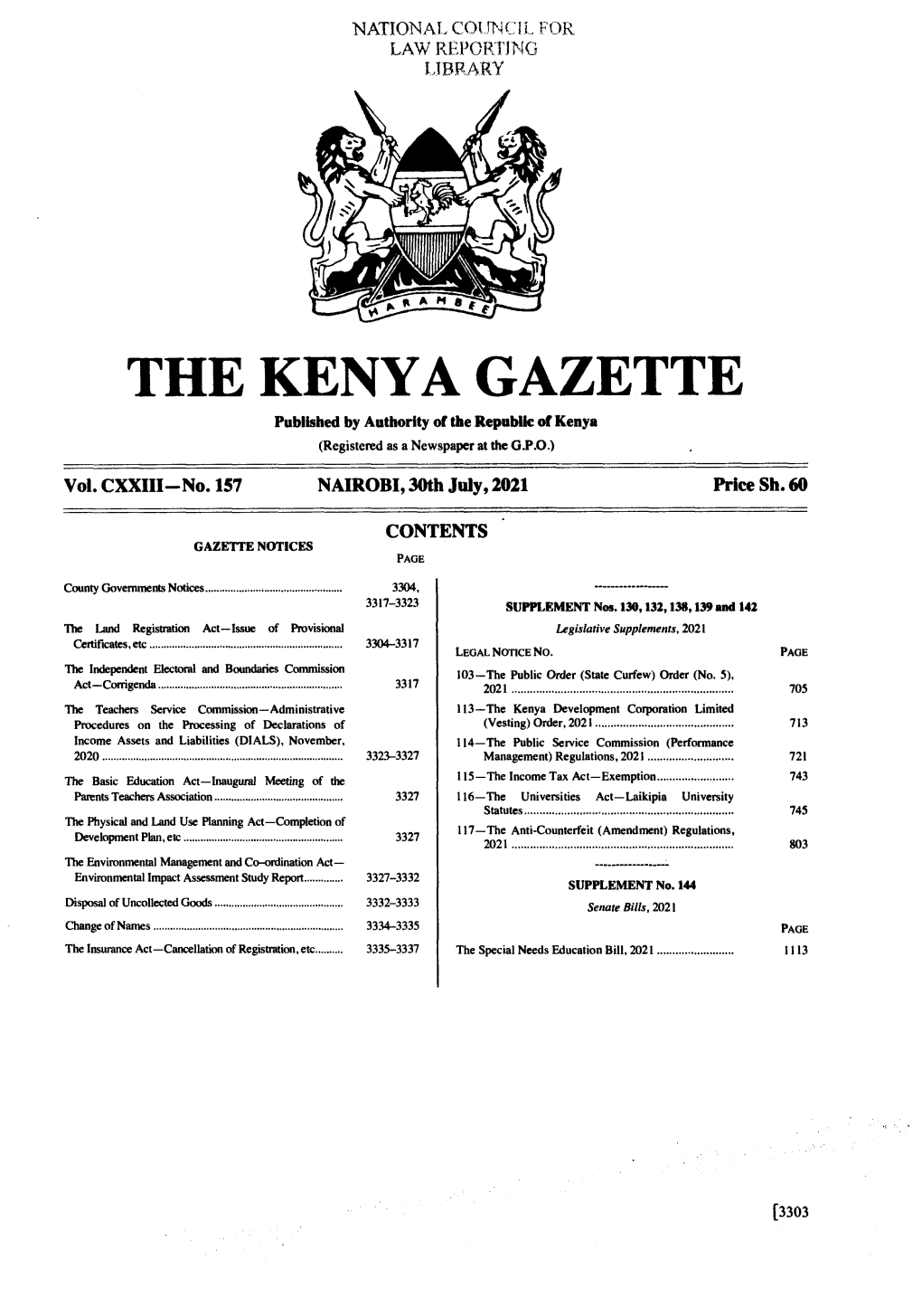 THE KENYA GAZETTE Published by Authority of the Republic of Kenya (Registered As a Newspaper at the G.P.O.) � Vol