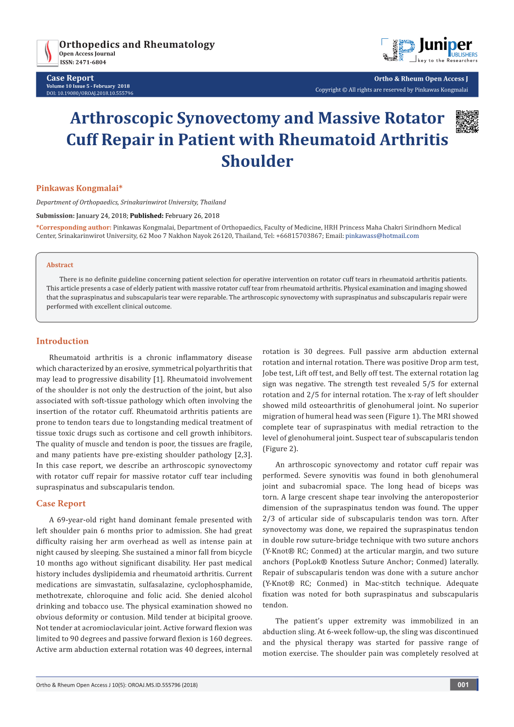 Arthroscopic Synovectomy and Massive Rotator Cuff Repair in Patient with Rheumatoid Arthritis Shoulder