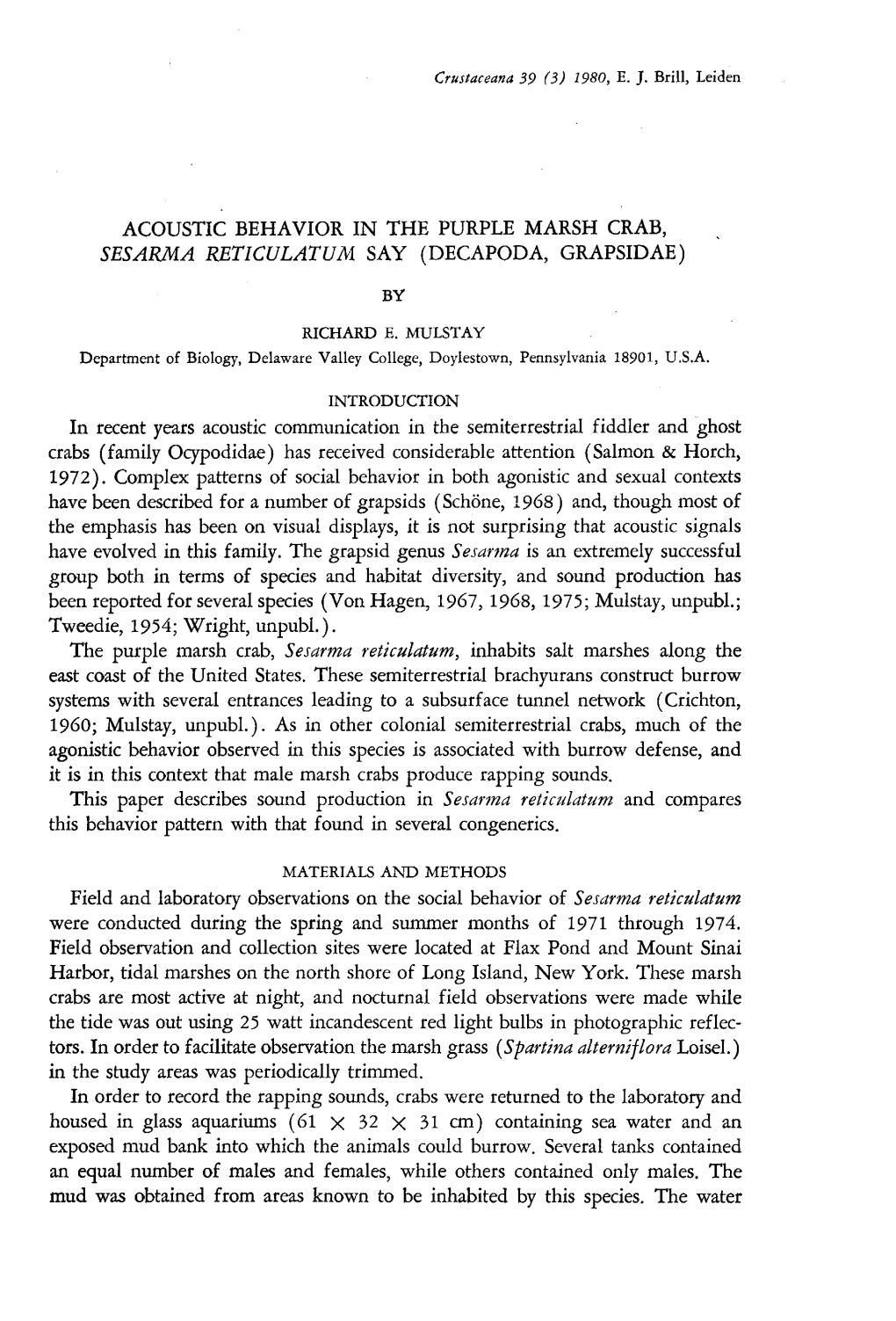 ACOUSTIC BEHAVIOR in the PURPLE MARSH CRAB, SESARMA RETICULATUM SAY (DECAPODA, GRAPSIDAE) by RICHARD E. MULSTAY Department of Bi