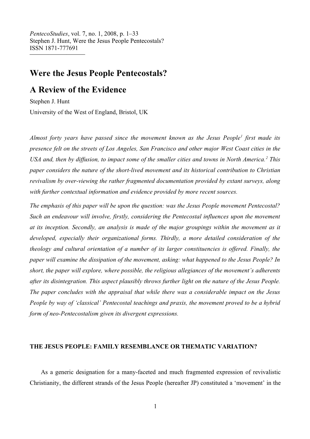 Were the Jesus People Pentecostals? ISSN 1871-777691