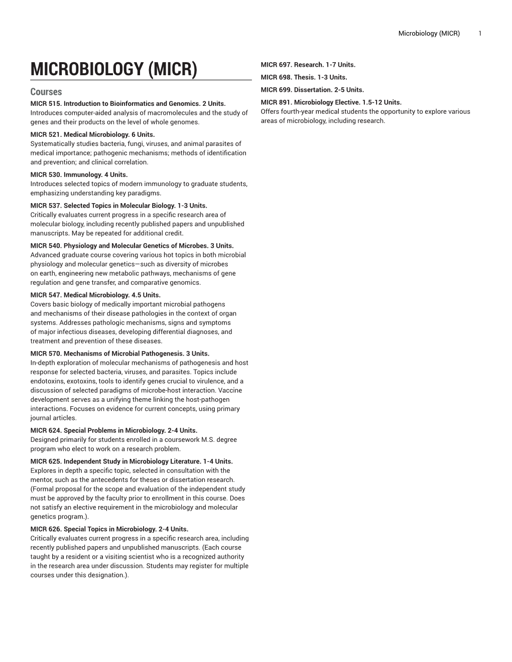 Microbiology (MICR) 1