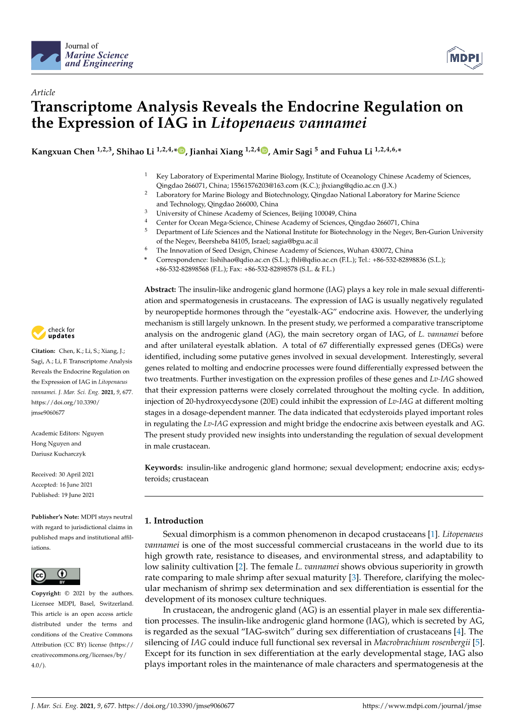 Transcriptome Analysis Reveals the Endocrine Regulation on the Expression of IAG in Litopenaeus Vannamei