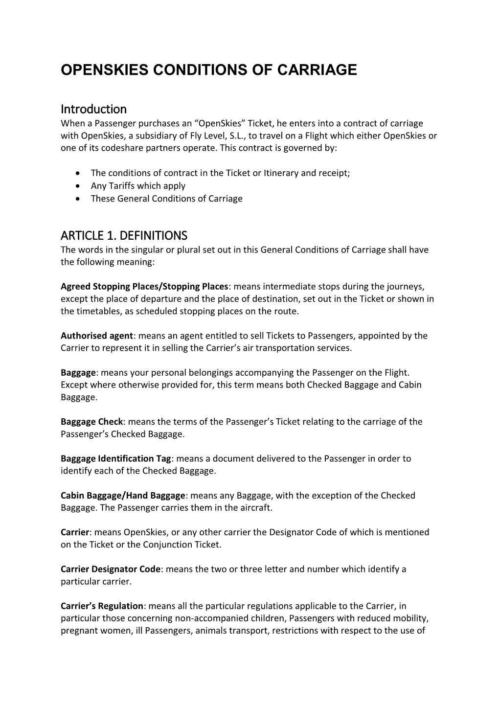 Openskies Conditions of Carriage