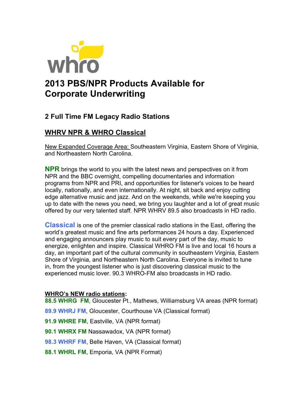 2013 PBS/NPR Products Available for Corporate Underwriting