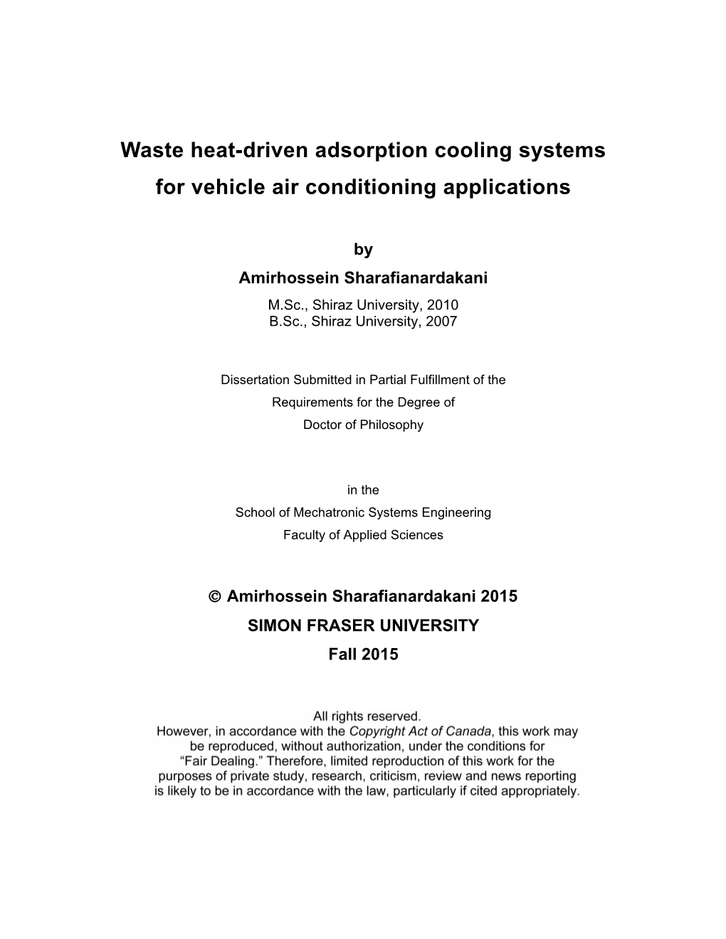 Waste Heat-Driven Adsorption Cooling Systems for Vehicle Air Conditioning Applications