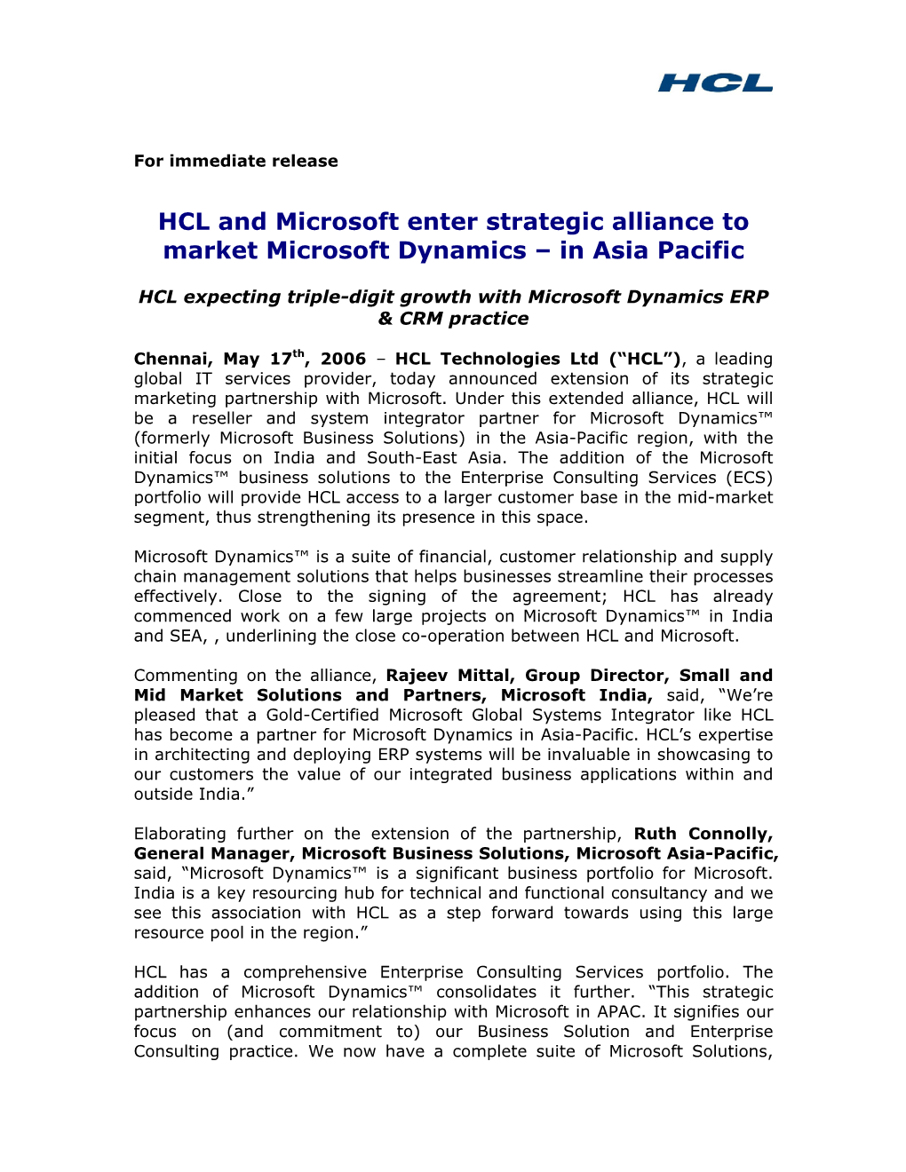 HCL Partners with Microsoft in APAC for Its Microsoft Dynamics Offerings