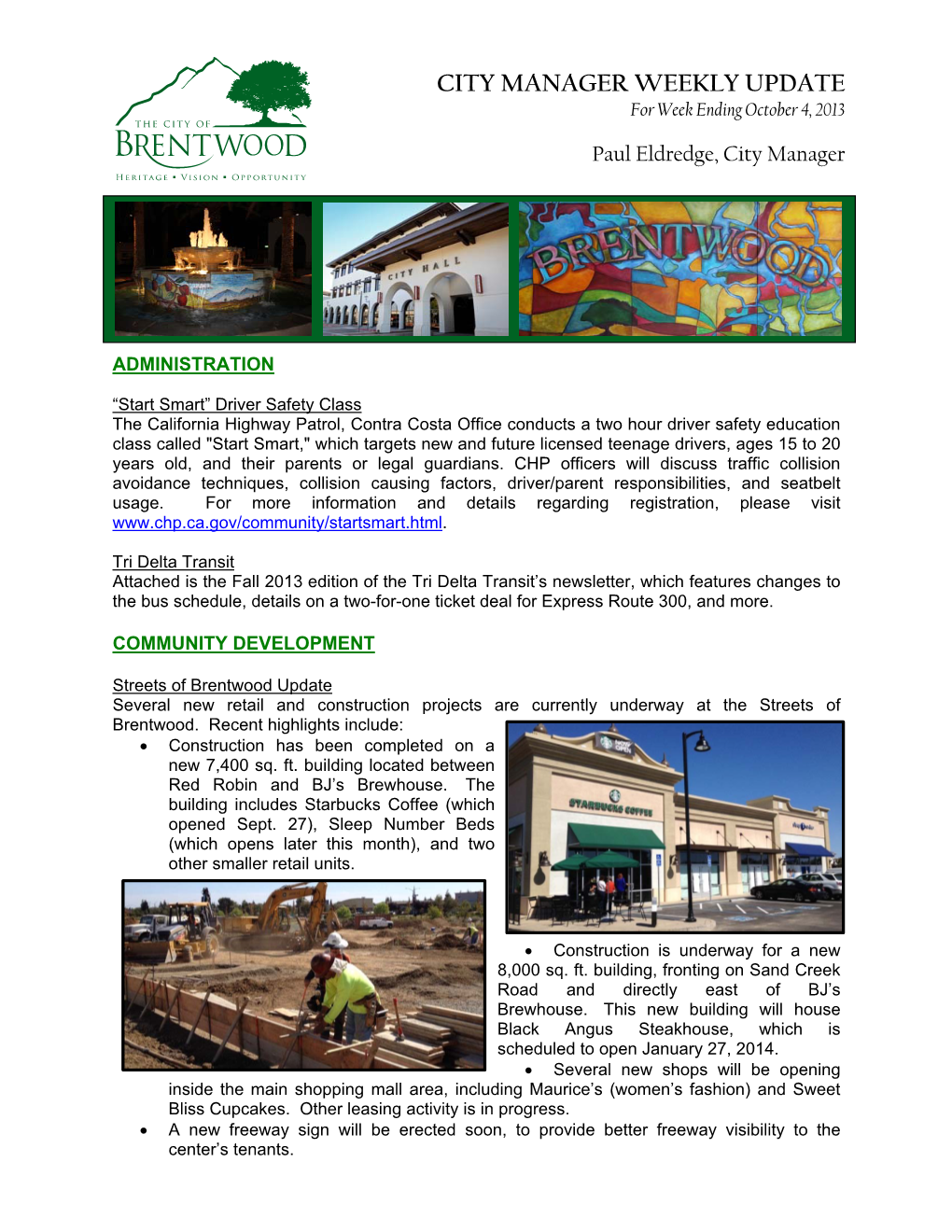 CITY MANAGER WEEKLY UPDATE for Week Ending October 4, 2013