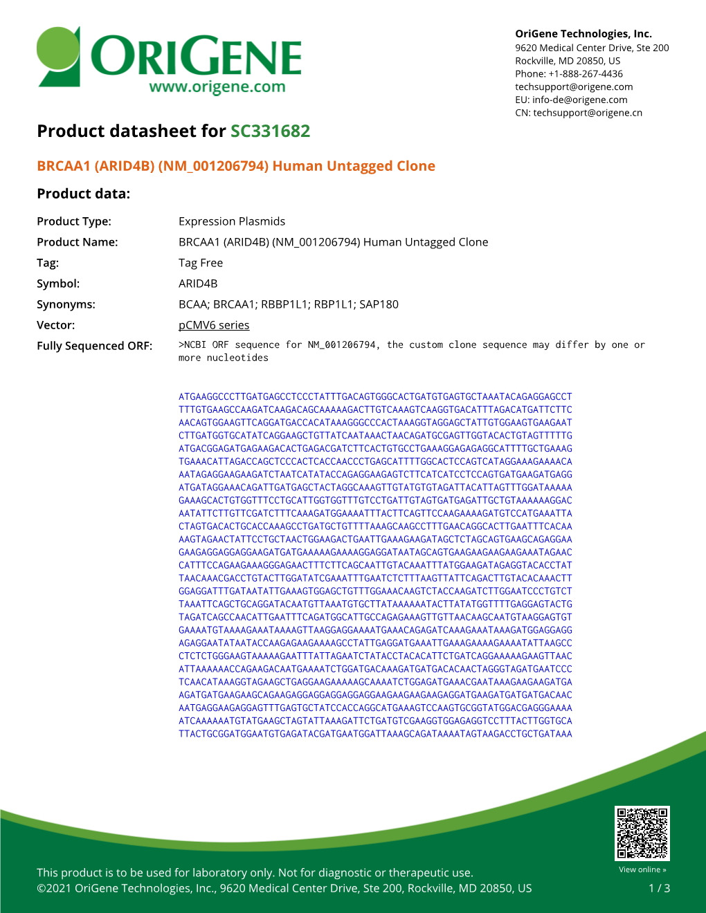 BRCAA1 (ARID4B) (NM 001206794) Human Untagged Clone Product Data