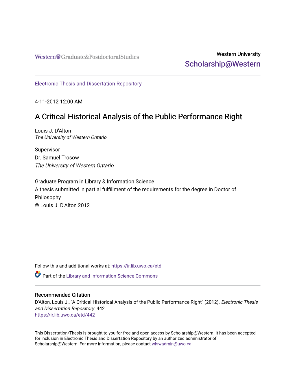 A Critical Historical Analysis of the Public Performance Right