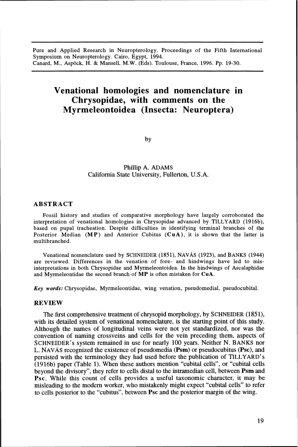 Venational Homologies and Nomenclature in Chrysopidae, with Comments on the Myrmeleontoidea (Insecta: Neuroptera)