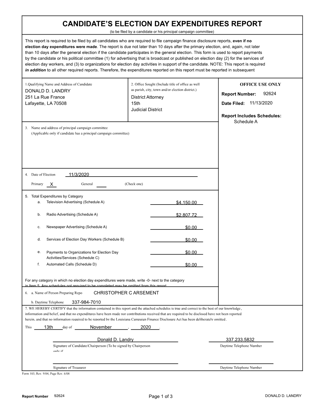 Candidate's Election Day Expenditures Report