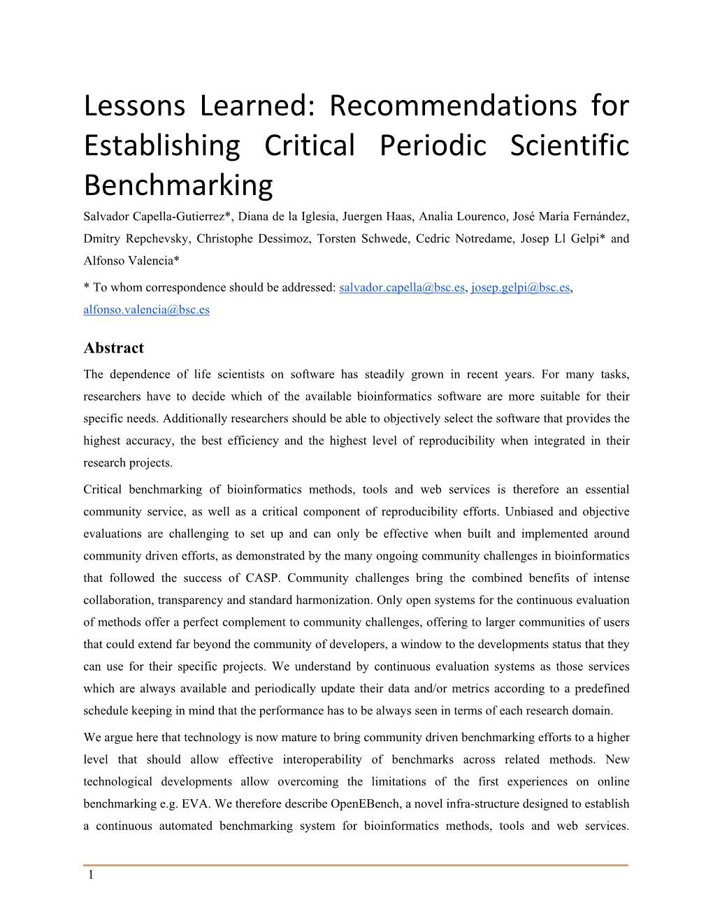 Lessons Learned: Recommendations for Establishing Critical Periodic Scientific Benchmarking