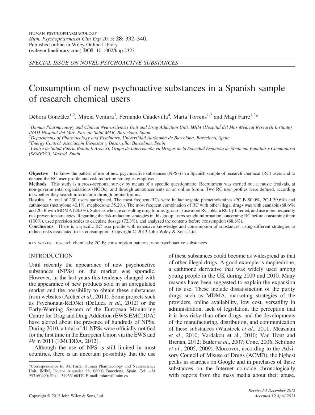 Consumption of New Psychoactive Substances in a Spanish Sample of Research Chemical Users