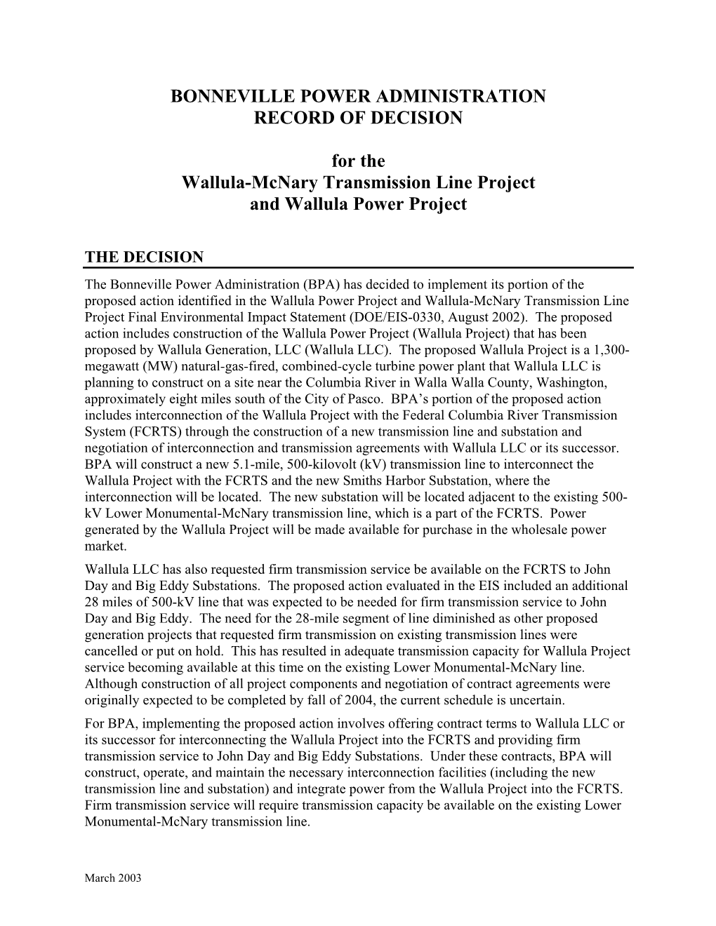 Wallula-Mcnary Transmission Line Project and Wallula Power Project